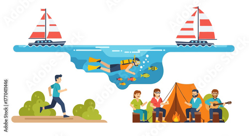 Cartoon Scuba Diver Swimming with Fish in Blue Water with Bubbles