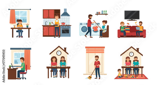 Cartoon People Doing Activities: Studying, Cooking, Laundry, Relaxing, Working, Eating, Cleaning