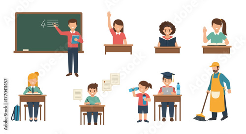 Cartoon Teacher Explaining Math on Chalkboard with Students in Classroom Setting