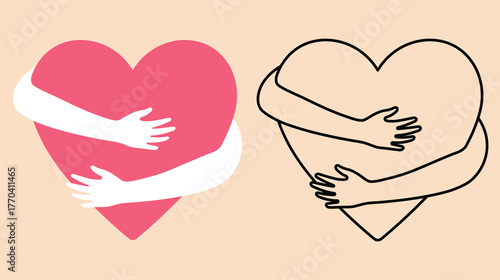 Pink heart embraced by white arms and black outlined heart with arms love