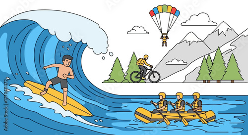 Cartoon Surfer Riding a Yellow Surfboard on a Big Blue Wave