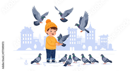 Cheerful Boy Feeding Pigeons in City Park, Cartoon Illustration