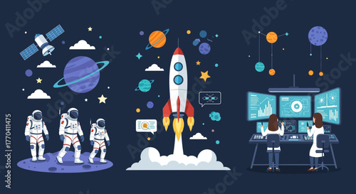 Cartoon Rocket Launching with Red Fins and Flames, Space Exploration Concept