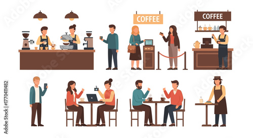 Coffee Shop Scene with Customers and Baristas in Flat Vector Style