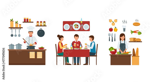 Colorful flat design vector illustration set showing a chef cooking, people dining at a table, and a woman preparing fresh food.