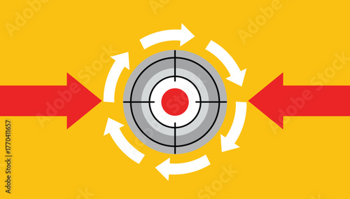 Red arrows point to target with white circular arrows on yellow background grey