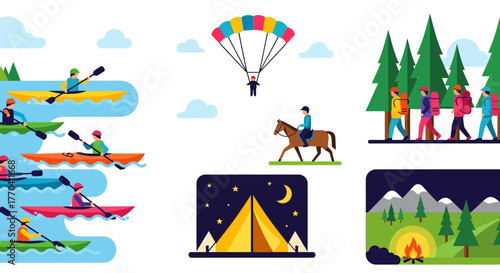 Colorful flat vector illustration set of outdoor adventure and recreational activities, including hiking, camping, and kayaking.