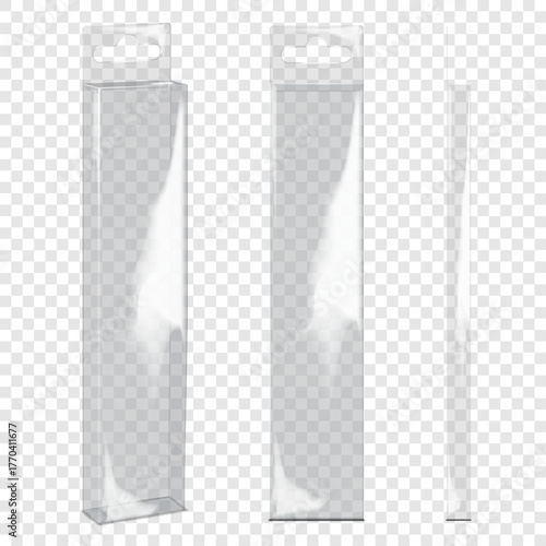 Tall narrow clear glossy plastic box with tuck-in flap and euro hole tab. Front, side view. 3d mockup. Retail package. Hanging transparent PVC container. Realistic vector mock-up. Template for design