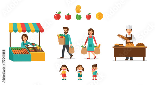 Colorful flat vector illustrations: market vendor, shoppers, baker, and children enjoying food, money, and produce.