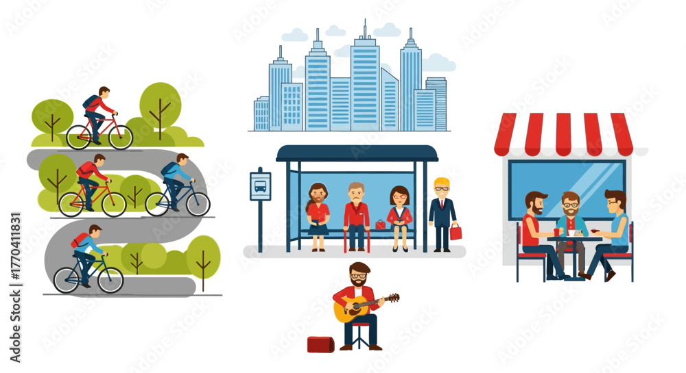 Obraz premium Cyclists Riding Bicycles on a Winding Road Through Green Trees, Flat Vector Illustration