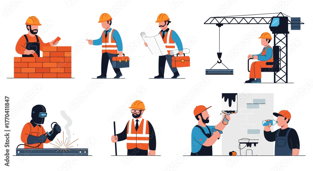 Fototapeta premium Construction Workers Set: Bricklayer, Architect, Crane Operator, Welder, Inspector, Painter, Hydration