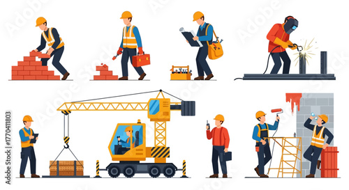 Construction Workers Set: Diverse Roles and Tasks in Building Industry