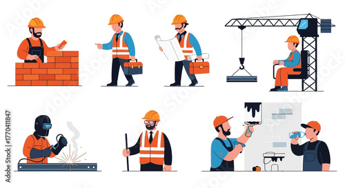 Construction Workers Set: Bricklayer, Architect, Crane Operator, Welder, Inspector, Painter, Hydration