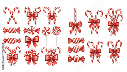 A festive collection of red and white striped candy canes, some tied with bows, alongside other Christmas sweets like peppermint swirls and wrapped hard candies.