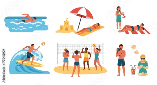 Diverse Beach Activities: Swimming, Sunbathing, Volleyball, Photography, and Relaxation