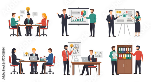 Diverse Business Professionals in Meetings and Presentations, Vector Illustration