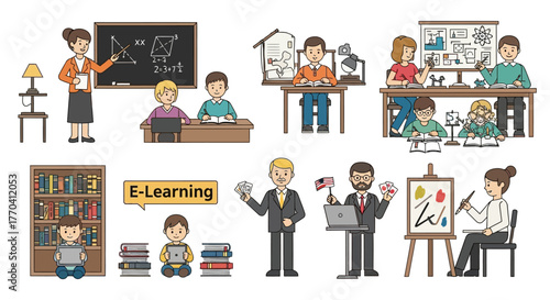 Diverse cartoon illustrations depicting various educational activities and learning scenarios