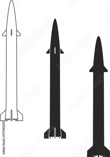 Medium-range ballistic missile icons, set of cruise or ballistic missile icons, line, isolated and silhouette in black color. Nuclear warhead.