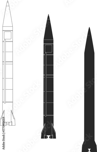 Nuclear ballistic missile icon set in black color. Intercontinental ballistic missile icons and model, line, isolated and silhouette.