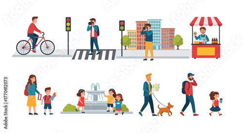 Diverse City Life: People Engaging in Various Activities in an Urban Setting