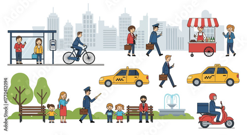 Diverse City Life Scene with People, Vehicles, and Urban Elements