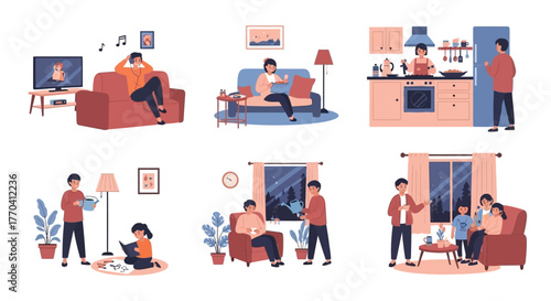 Diverse Family Activities in Home Settings Illustration