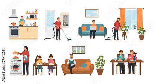 Diverse Family Activities and Household Chores Illustrated in a Modern Style