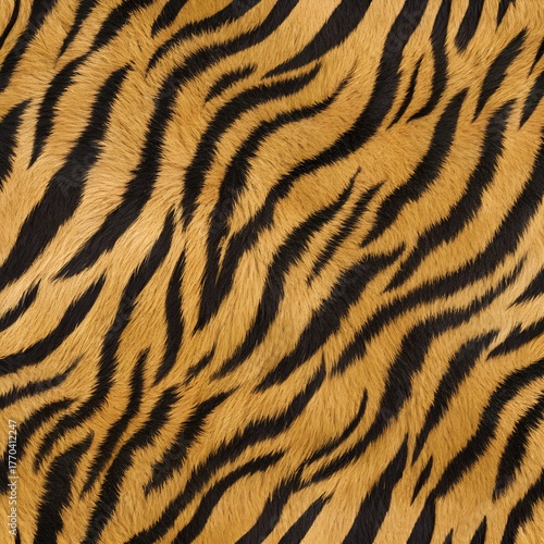 A realistic tiger fur texture, An orange and black striped animal print background, Photorealistic image - Generative AI
