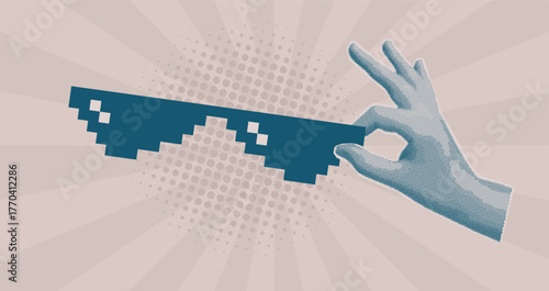 Minimalist pop art of a hand holding pixel sunglasses in meme style. Retro halftone design with blue tones and 8-bit vibe for cool digital projects.