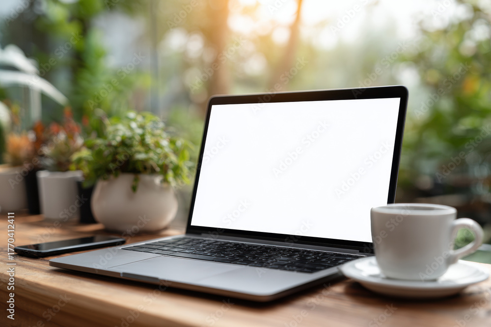 Fototapeta premium Modern laptop with blank white screen sits on wooden table with smartphone and coffee. Blurred green foliage and sunlight create a peaceful remote workspace for online business.