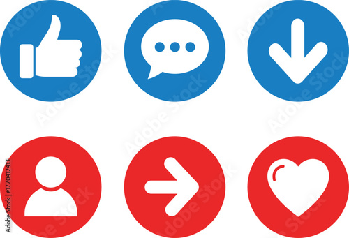 Six white social media icons thumbs up chat download user arrow heart on blue and red circles