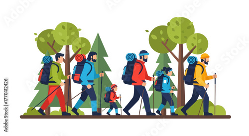Diverse group of flat design hikers, adults and children, with colorful backpacks and trekking poles, walking in a line.