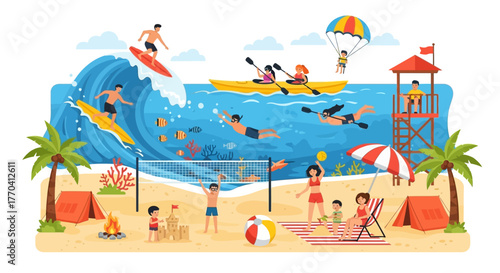 Diverse Group of People Enjoying Various Beach and Water Activities