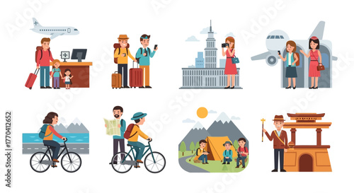 Diverse group of people enjoying various travel and leisure activities