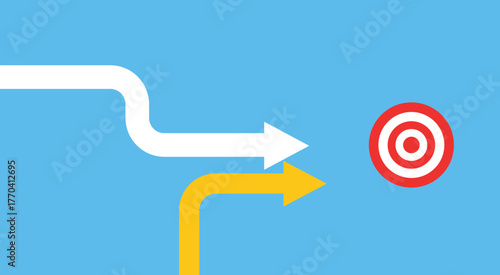 Two arrows white and yellow pointing towards a red and white target white arrow yellow arrow