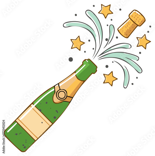 Cartoon illustration of an opened champagne bottle with cork and stars.