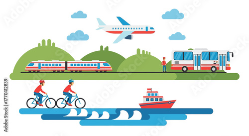 Diverse modes of transportation depicted in a stylized illustration