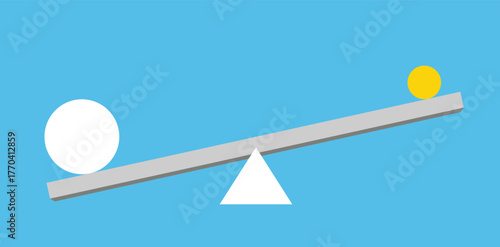 White and yellow spheres on tilted grey balance scale with triangle base seesaw weight