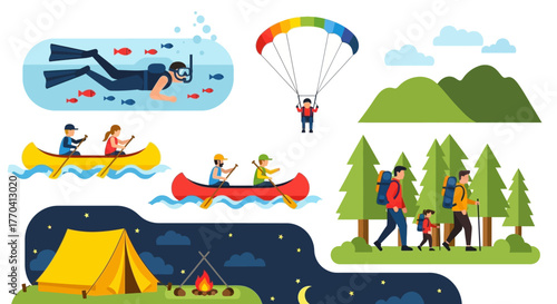 Diverse Outdoor Adventure Activities Illustrated with Flat Design Characters
