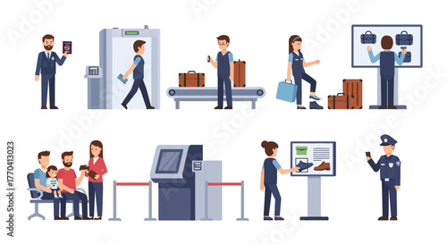Diverse People and Airport Security Procedures Illustrated
