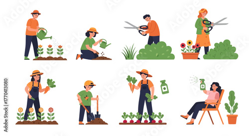 Diverse People Engaged in Various Gardening Activities and Plant Care