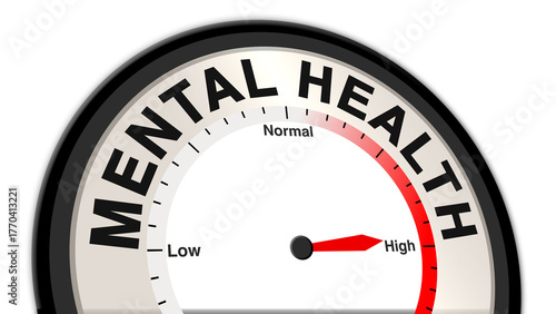 Mental health at high severity displayed on a barometer or tachometer, indicating critical symptoms like extreme anxiety, depression, and emotional instability, requiring urgent medical intervention