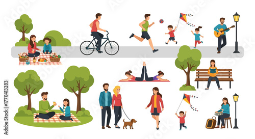 Diverse people enjoying various outdoor leisure activities, flat vector illustration style.