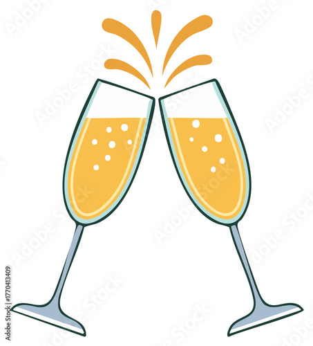 Two champagne flutes toasting with bubbles sparkling in celebration party