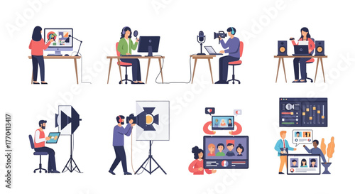 Diverse Professionals Engaged in Various Media Production and Communication Tasks