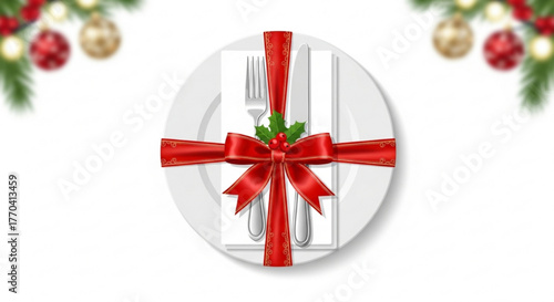 Table setting with silverware wrapped in red ribbon for Christmas  