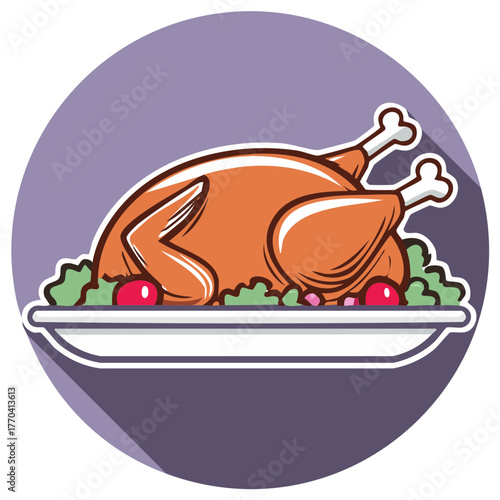 Festive roasted turkey or chicken with colorful garnish on a serving platter