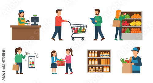 Diverse shoppers and staff in a vibrant grocery store setting