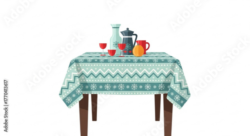 Cozy dining table set with patterned tablecloth for New Year, Christmas  