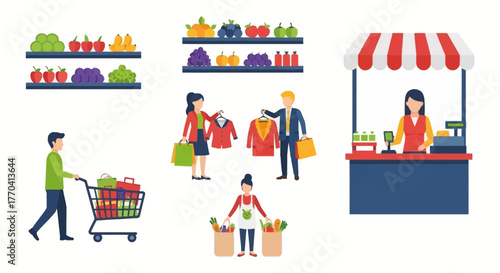 Diverse shoppers and vendors engage in retail activities at a market